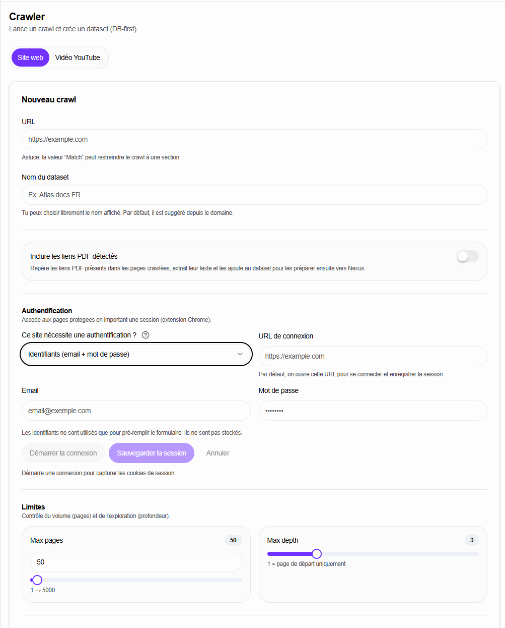 Interface de crawl Aurora Atlas avec PDF liés, limites d’exploration et session authentifiée autorisée.