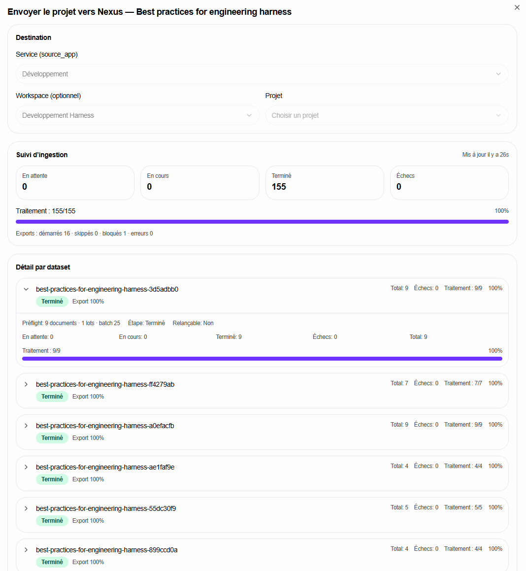 Suivi d'ingestion Nexus depuis Aurora Atlas avec traitement terminé et état par dataset.