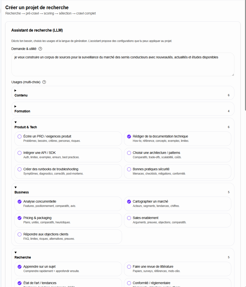 Interface Research Aurora Atlas définissant l'intention et les usages d'un corpus documentaire.