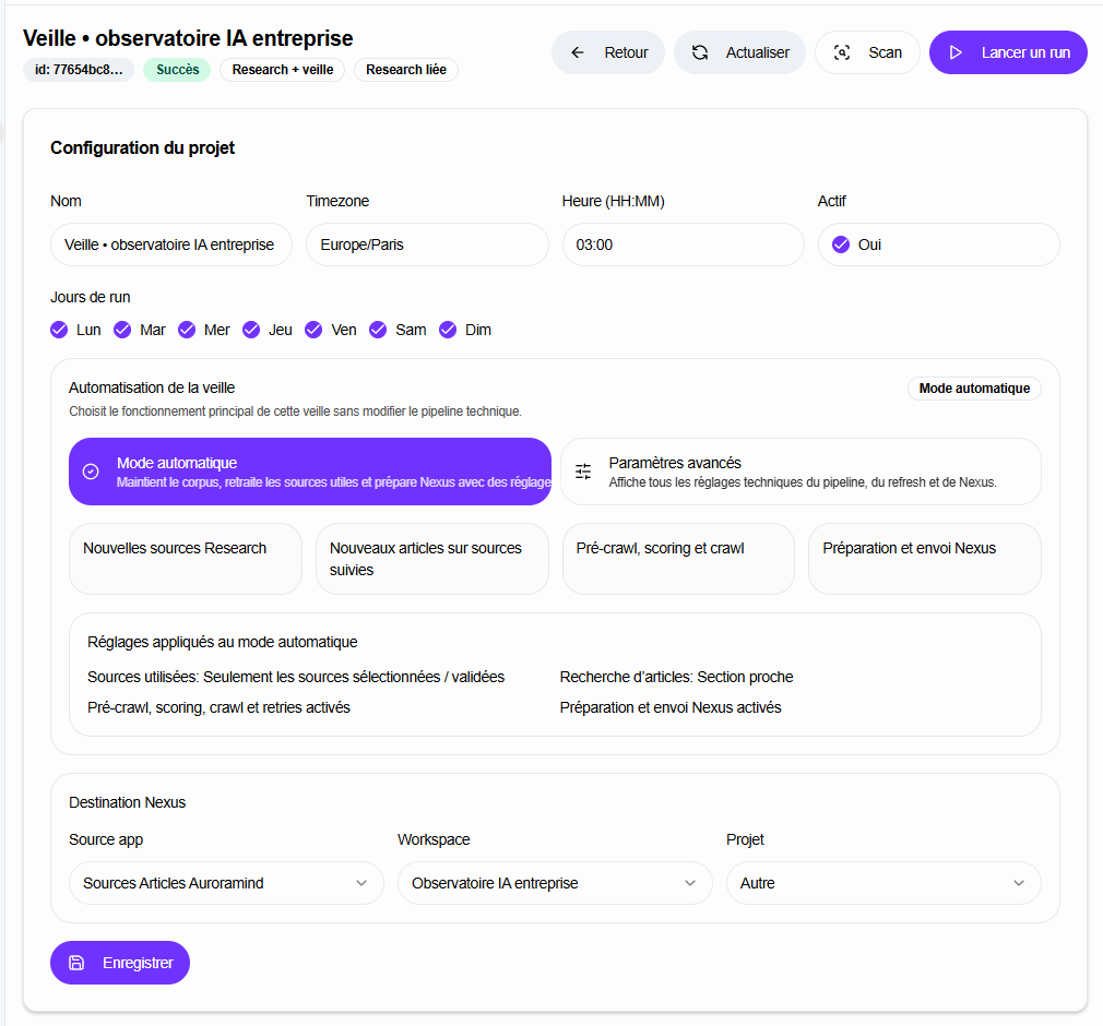Configuration d'une veille Aurora Atlas avec planification et pipeline de maintien du corpus.