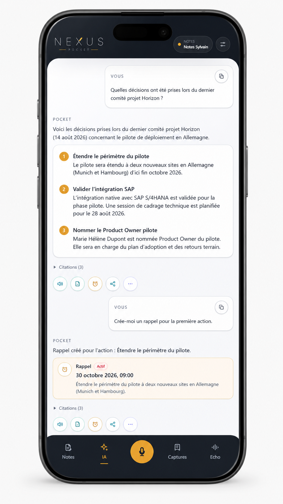 Pocket répond à une question et prépare un rappel.