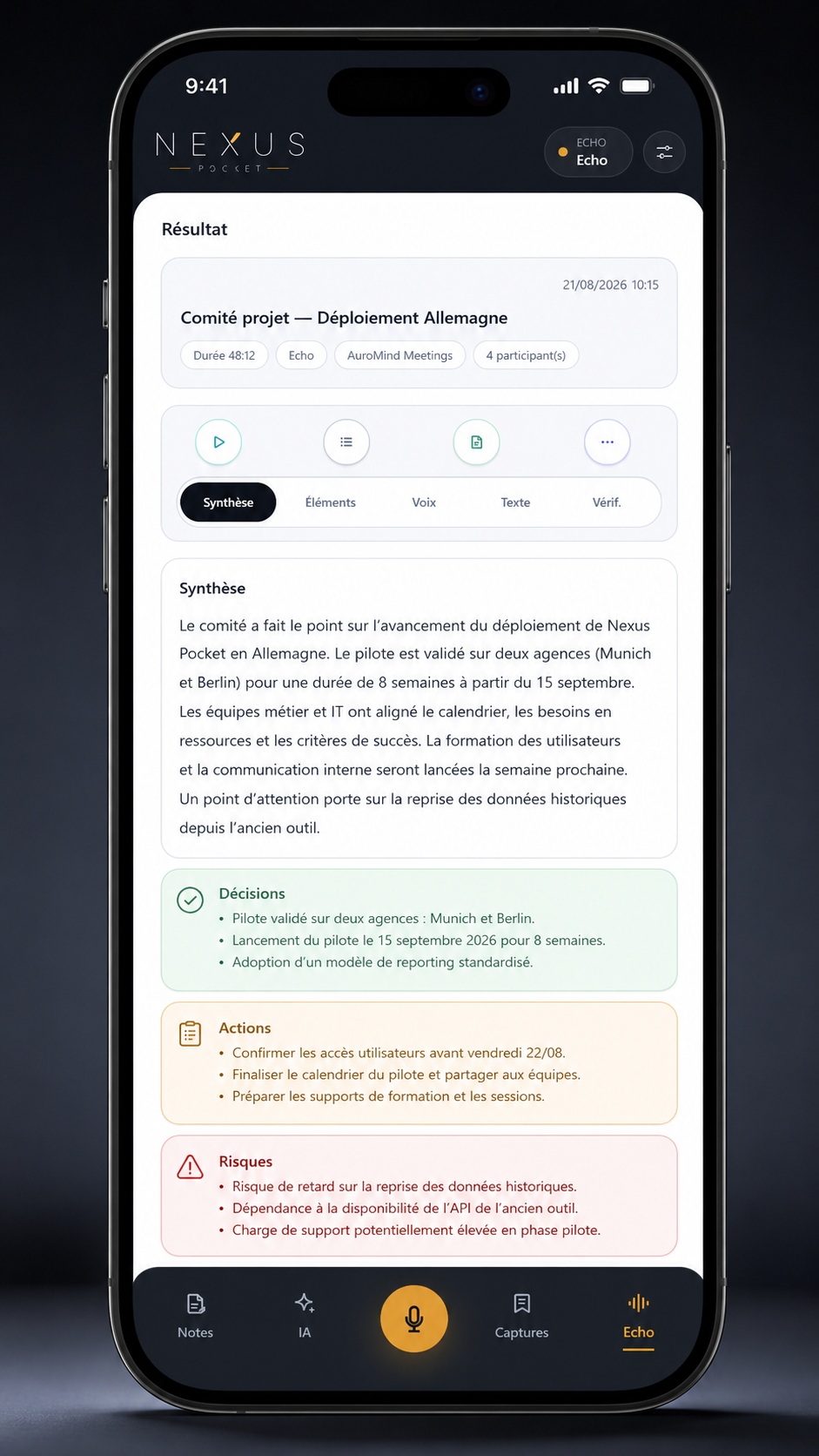 Synthèse structurée d’une réunion Echo.