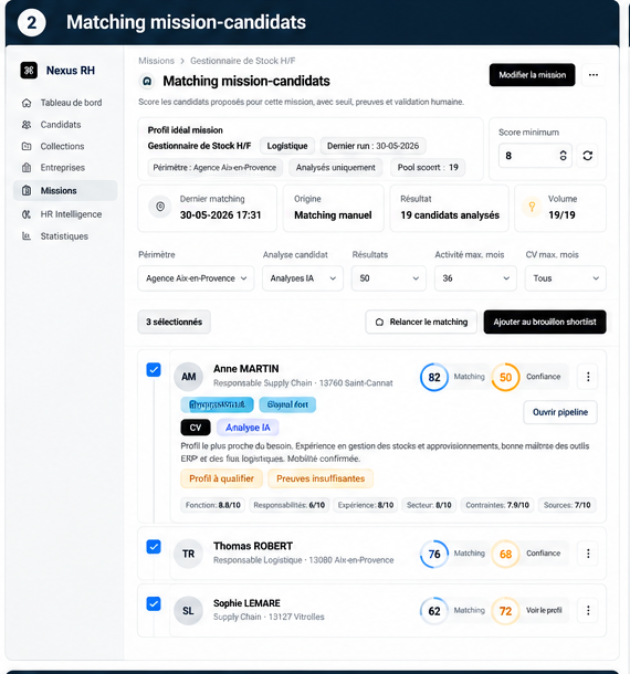 Interface Nexus RH — matching de trois candidats avec scores de correspondance et de confiance