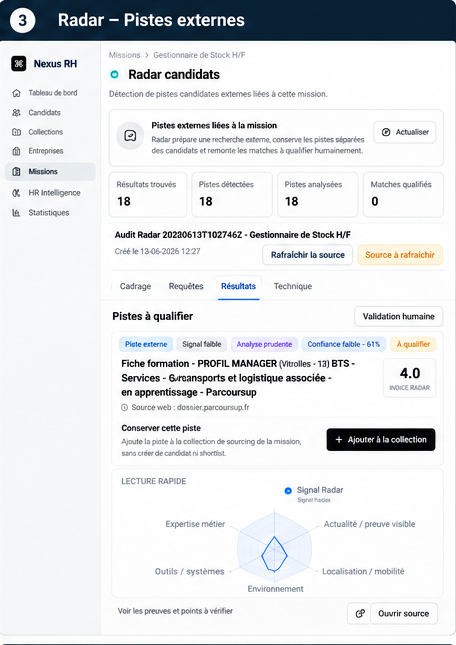 Interface Nexus RH — Radar avec résultats externes, pistes à qualifier et validation humaine