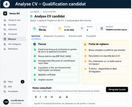Interface Nexus RH — analyse du CV d’Anne Martin avec forces, points de vigilance et notes consultant