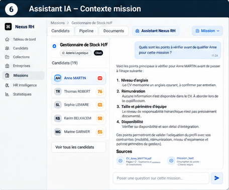 Interface Nexus RH — assistant ouvert dans le contexte d’une mission