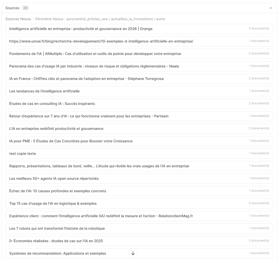 Nexus WebUI rend visibles la réponse, le processus de recherche et les documents mobilisés.