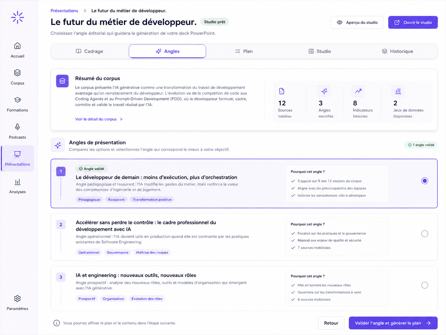 Aperçu marketing de NKS montrant des angles de présentation issus d’un corpus et un angle validé.