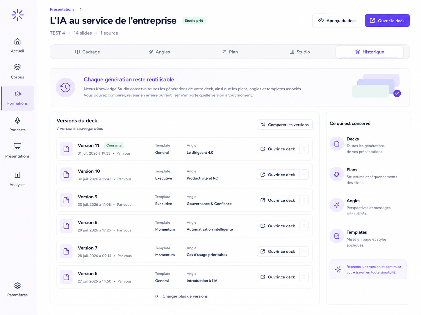 Aperçu marketing de l’historique et des versions d’une présentation NKS.