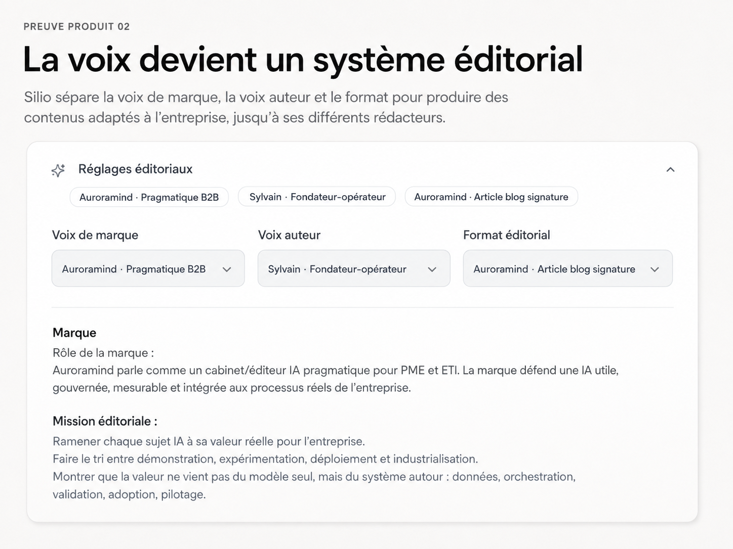 Réglages éditoriaux Silio combinant voix de marque, voix auteur et format.