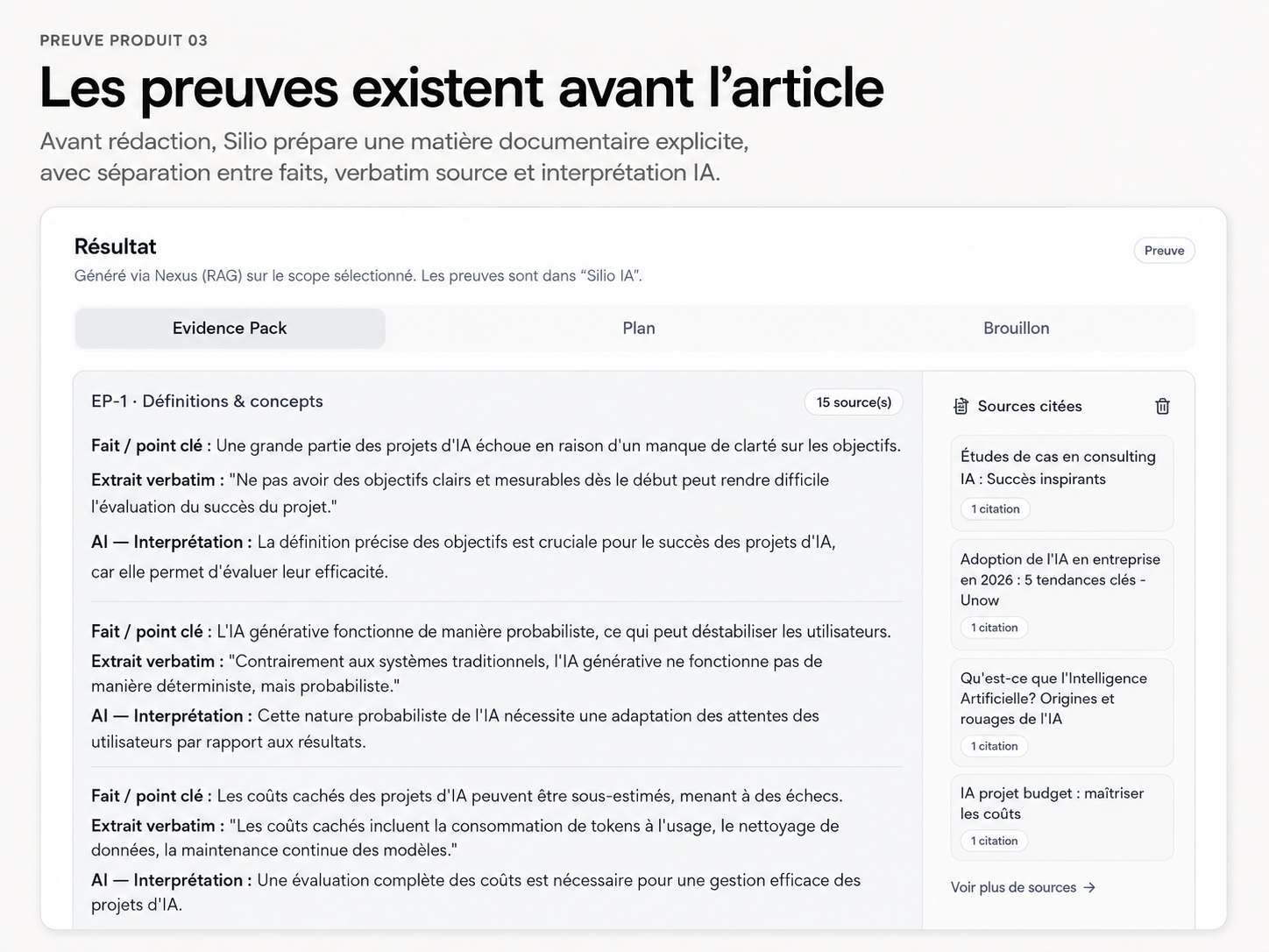 Evidence Pack Silio montrant faits, extraits sources, interprétation et citations.