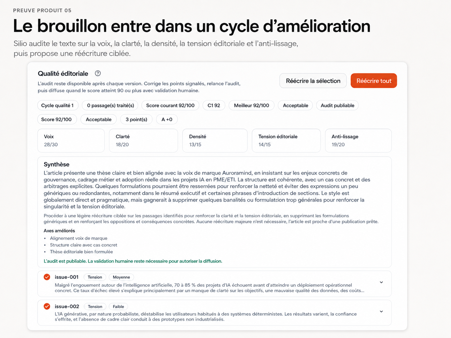 Audit éditorial Silio avec score, critères qualité et axes de réécriture.